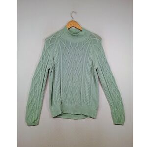 Cottagecore Preswick & Moore Womens Med Sage Green Cable Knit Mock Neck Sweater